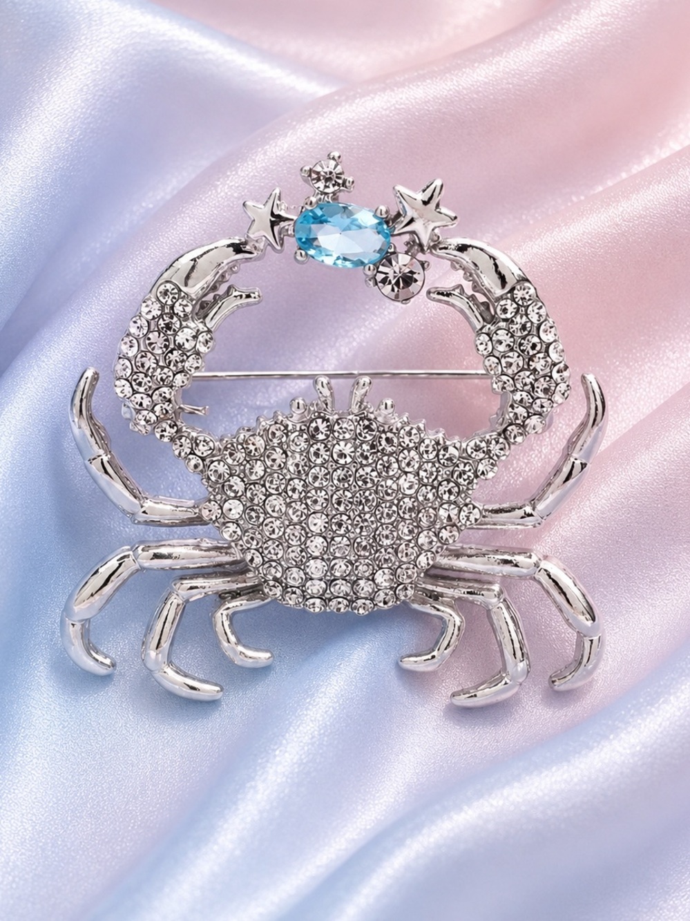 Silver Crystal Crab Brooch with Blue Accent
